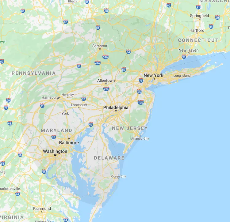 Map of northeastern US highlighting major cities in Pennsylvania, New Jersey, and New York.