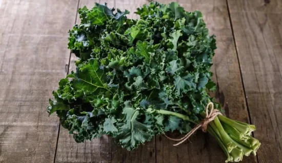 Freshly harvested bunched kale with vibrant green leaves on rustic wooden background.