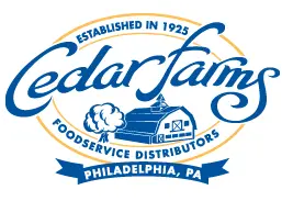 Cedar Farms logo, a trusted Philadelphia foodservice distributor since 1925, featuring agricultural imagery.