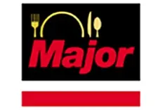 Bold red Major logo with crossed fork and knife over a plate on a black background.