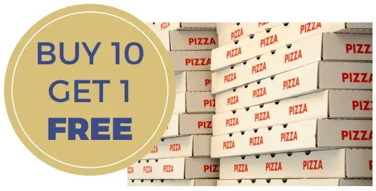 Pizza promotion: Buy 10 pizzas, get 1 free offer with stacked pizza boxes background.