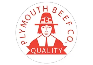 Plymouth Beef Co. logo features a friendly Pilgrim figure, emphasizing quality and tradition in beef.