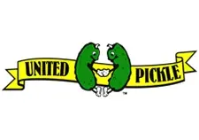 Playful United Pickle logo featuring cartoon pickles and vibrant yellow ribbon design.
